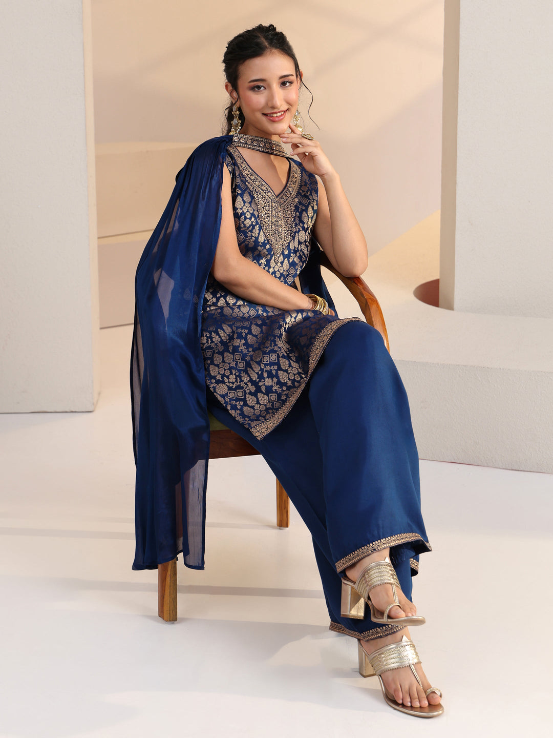 Libas Blue Ethnic Motif Woven Design Silk Blend Straight Suit Set