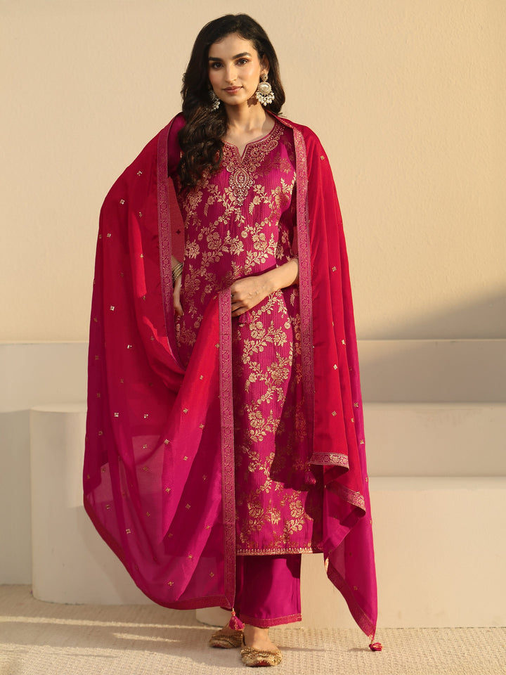 Libas Rani Pink Floral Embroidered Silk Blend Straight Suit Set