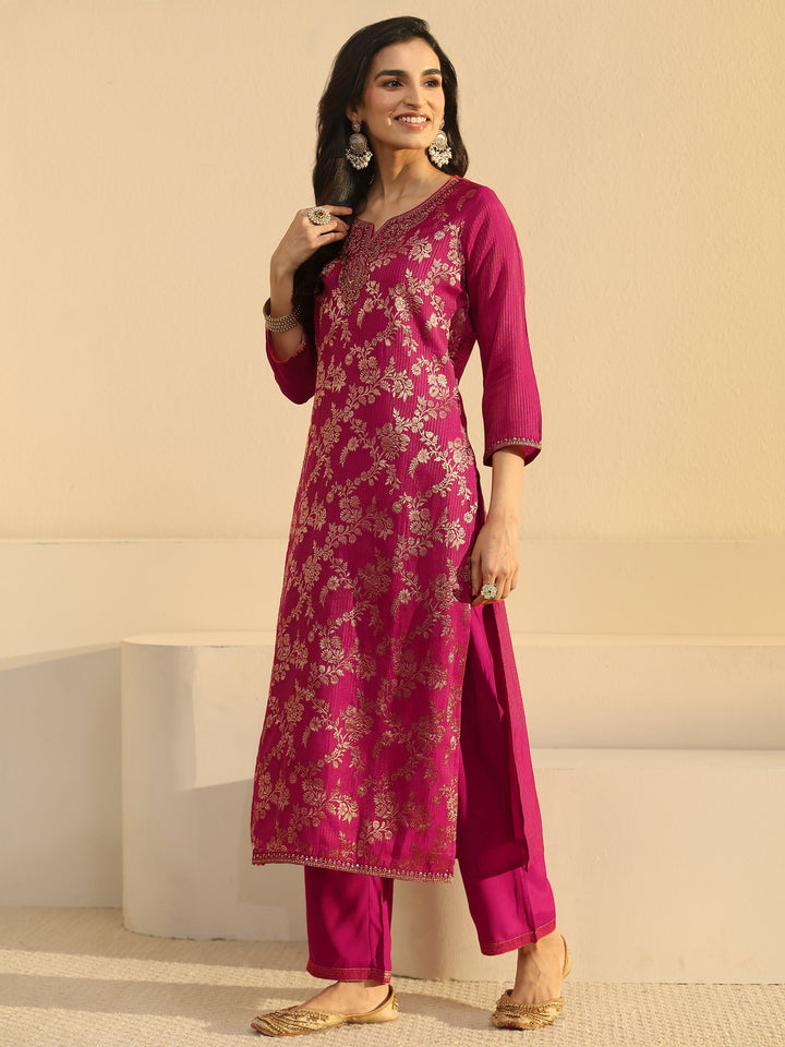Libas Rani Pink Floral Embroidered Silk Blend Straight Suit Set