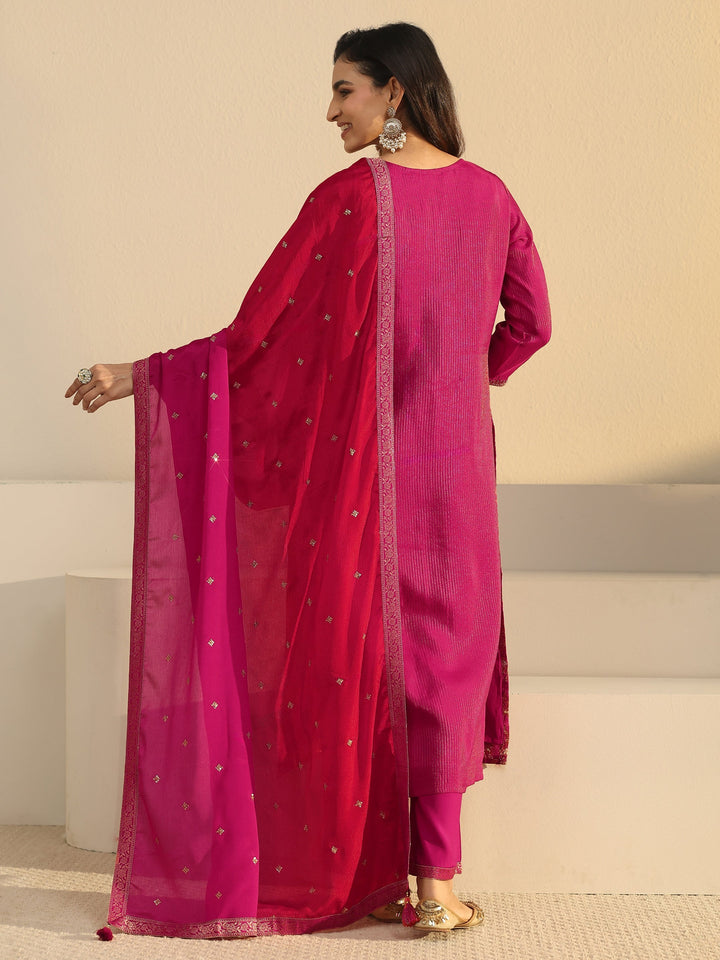 Libas Rani Pink Floral Embroidered Silk Blend Straight Suit Set