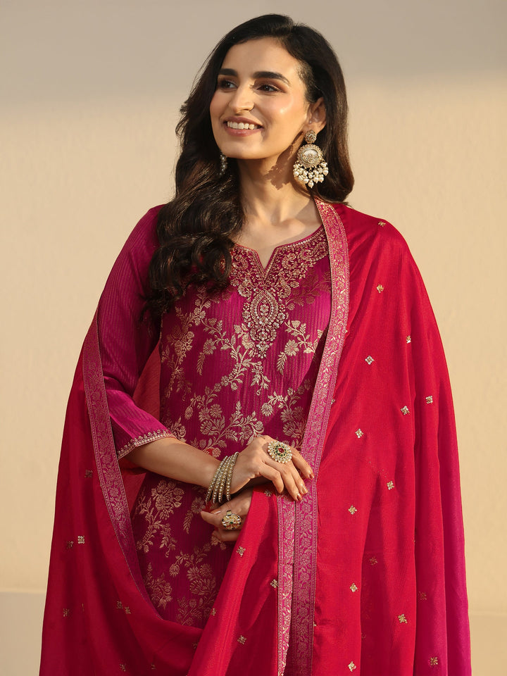 Libas Rani Pink Floral Embroidered Silk Blend Straight Suit Set