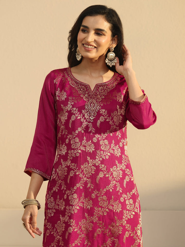 Libas Rani Pink Floral Embroidered Silk Blend Straight Suit Set