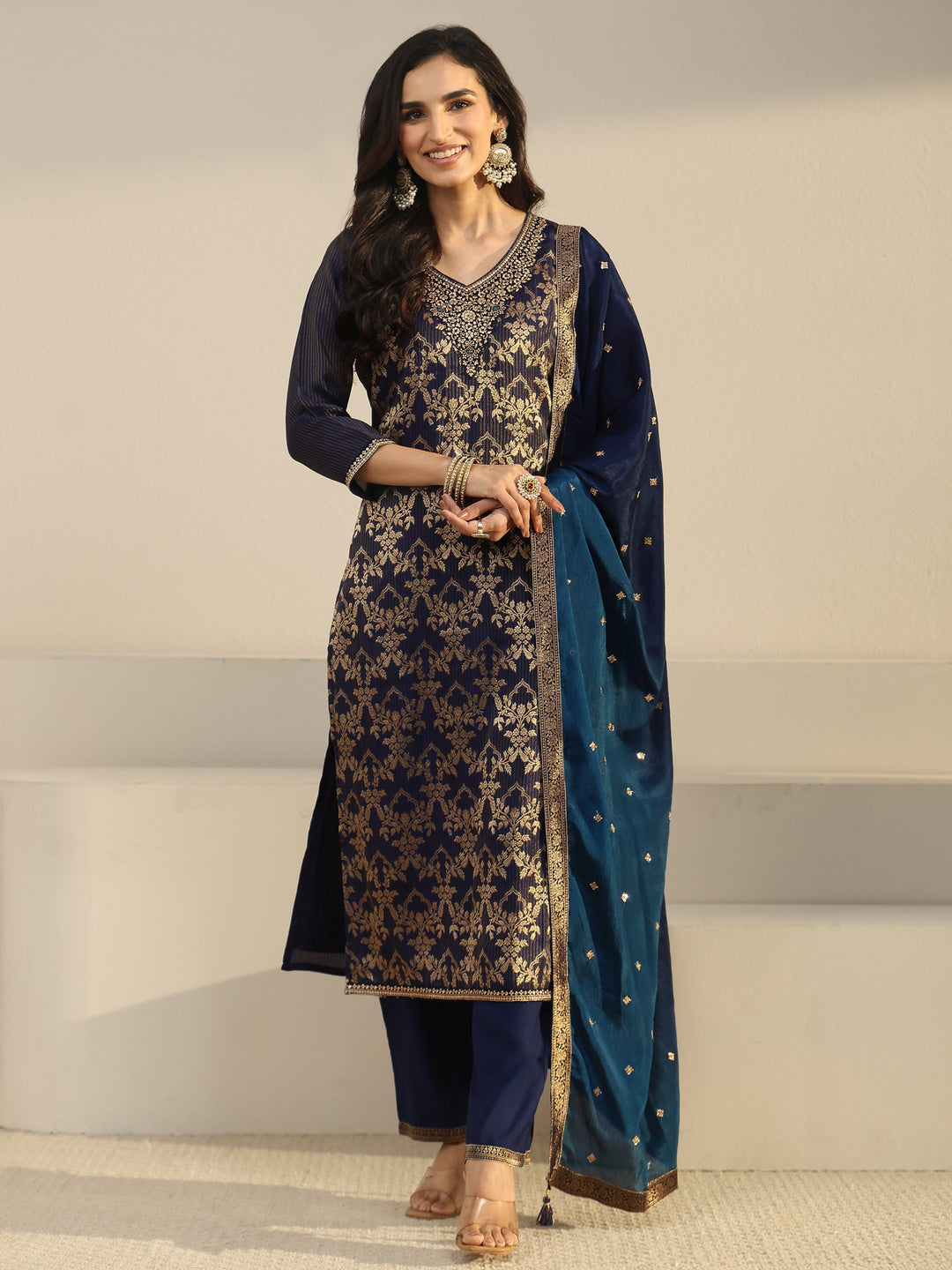Libas Navy Blue Floral Embroidered Silk Blend Straight Suit Set