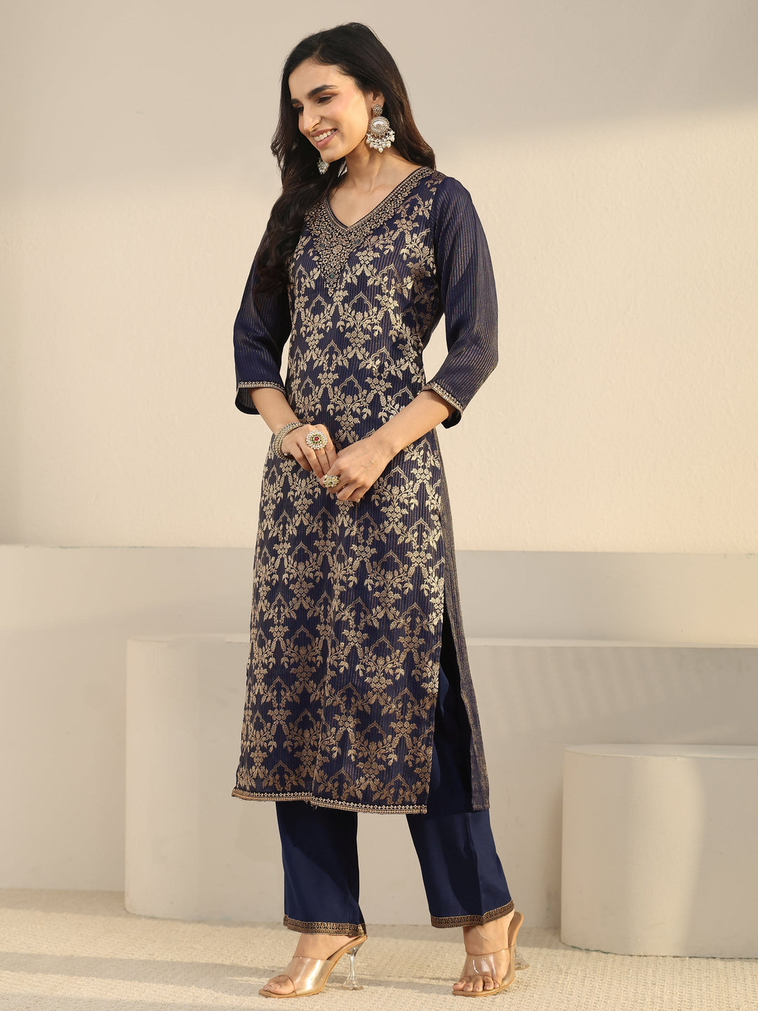 Libas Navy Blue Floral Embroidered Silk Blend Straight Suit Set