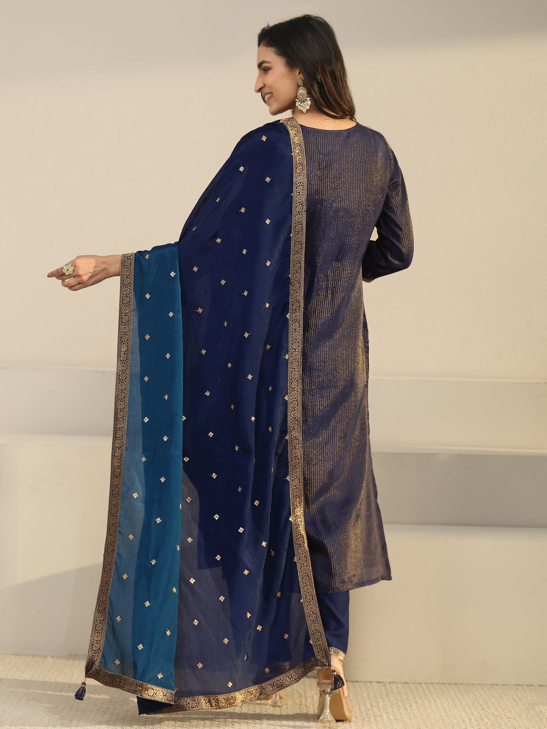 Libas Navy Blue Floral Embroidered Silk Blend Straight Suit Set