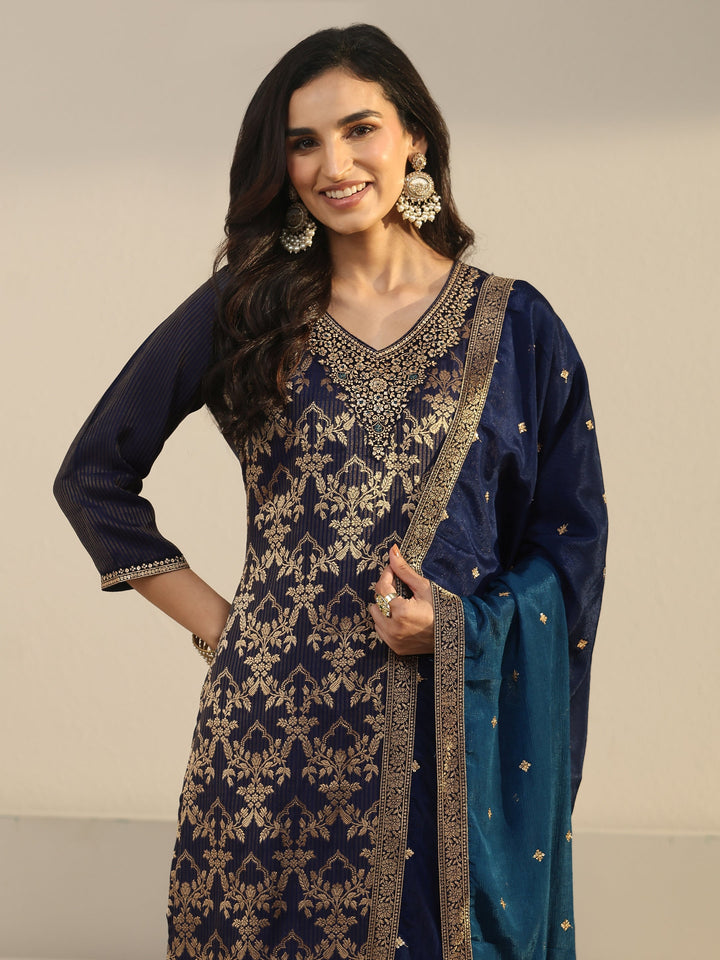 Libas Navy Blue Floral Embroidered Silk Blend Straight Suit Set
