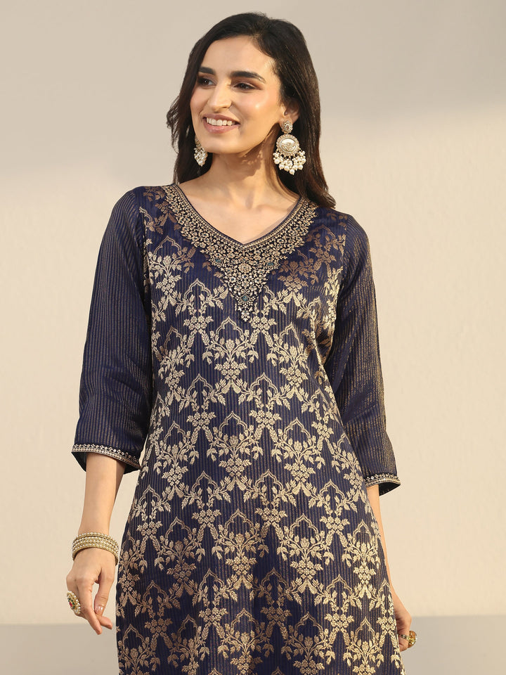 Libas Navy Blue Floral Embroidered Silk Blend Straight Suit Set