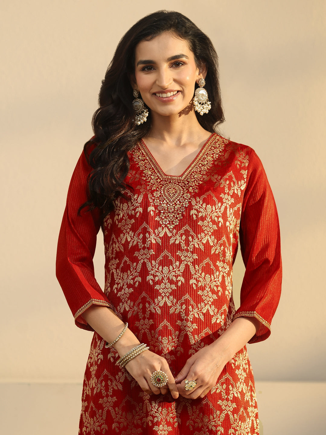 Libas Orange Floral Embroidered Silk Blend Straight Suit Set