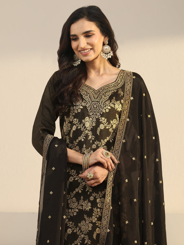 Libas Black Floral Embroidered Silk Blend Straight Suit Set