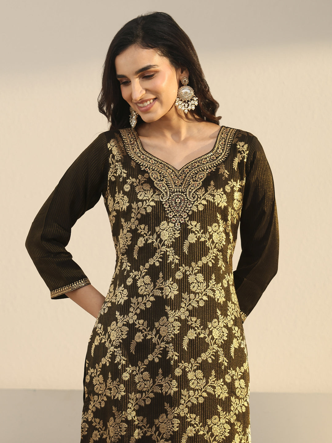 Libas Black Floral Embroidered Silk Blend Straight Suit Set