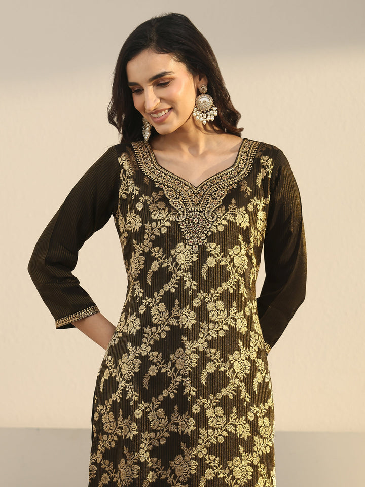 Libas Black Floral Embroidered Silk Blend Straight Suit Set