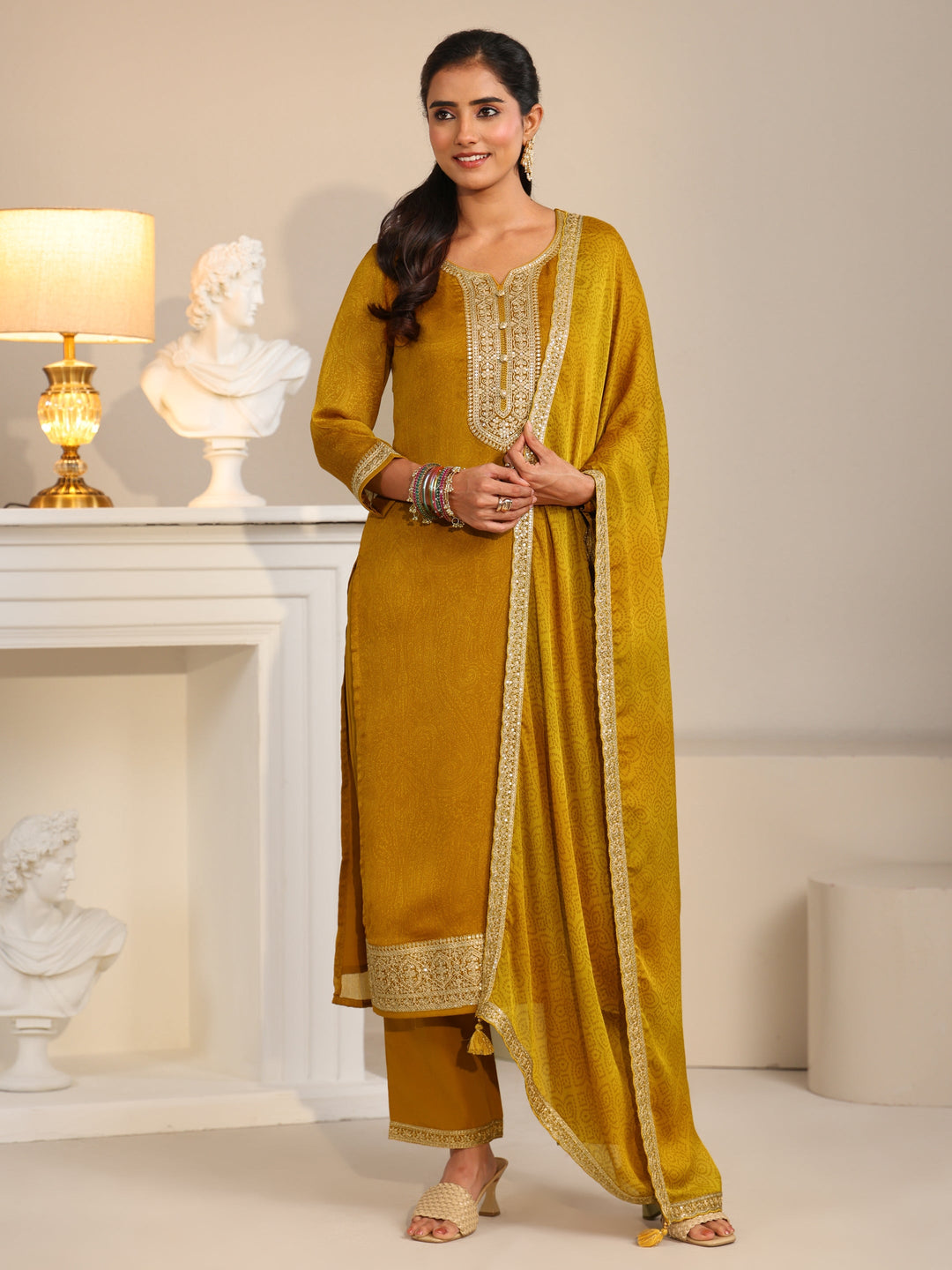 Libas Mustard Floral Embellished Chinon Straight Suit Set