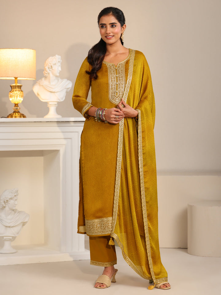 Libas Mustard Floral Embellished Chinon Straight Suit Set