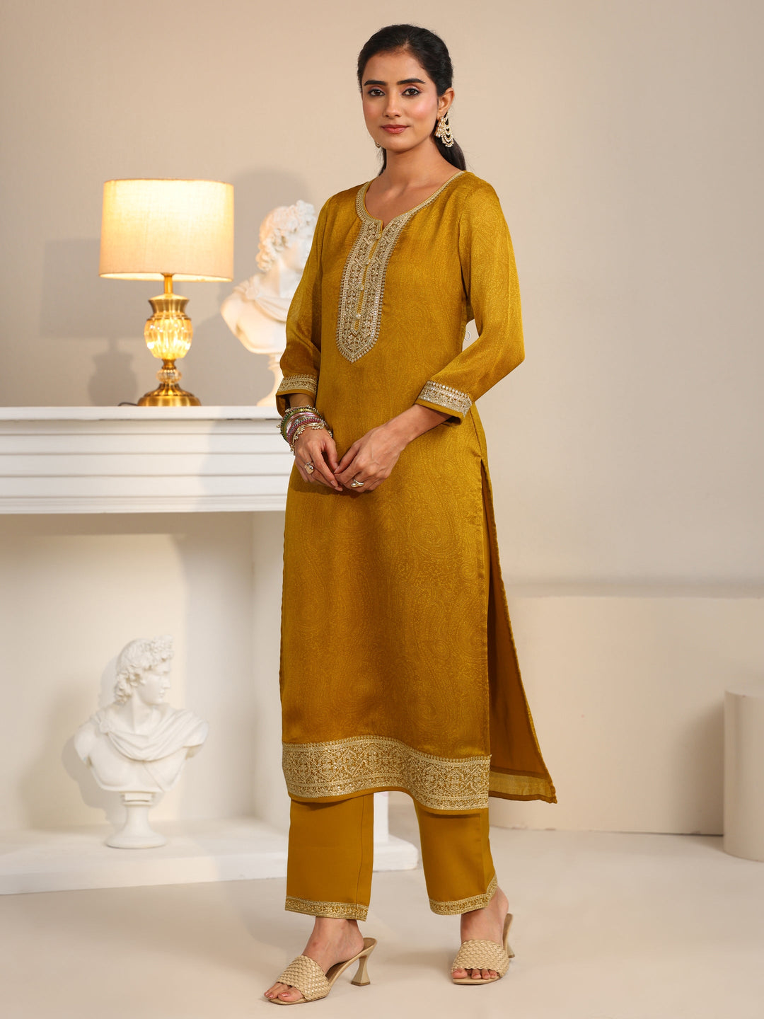 Libas Mustard Floral Embellished Chinon Straight Suit Set