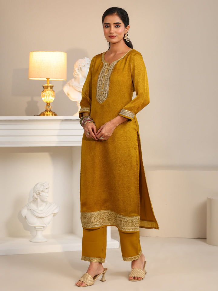 Libas Mustard Floral Embellished Chinon Straight Suit Set