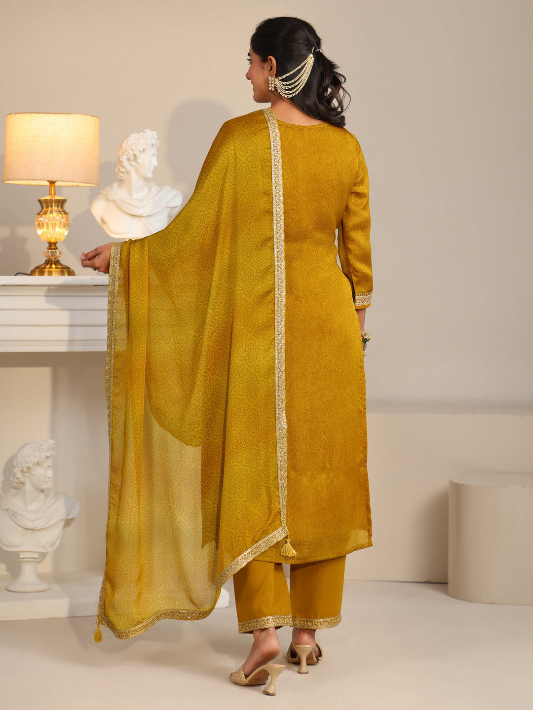 Libas Mustard Floral Embellished Chinon Straight Suit Set