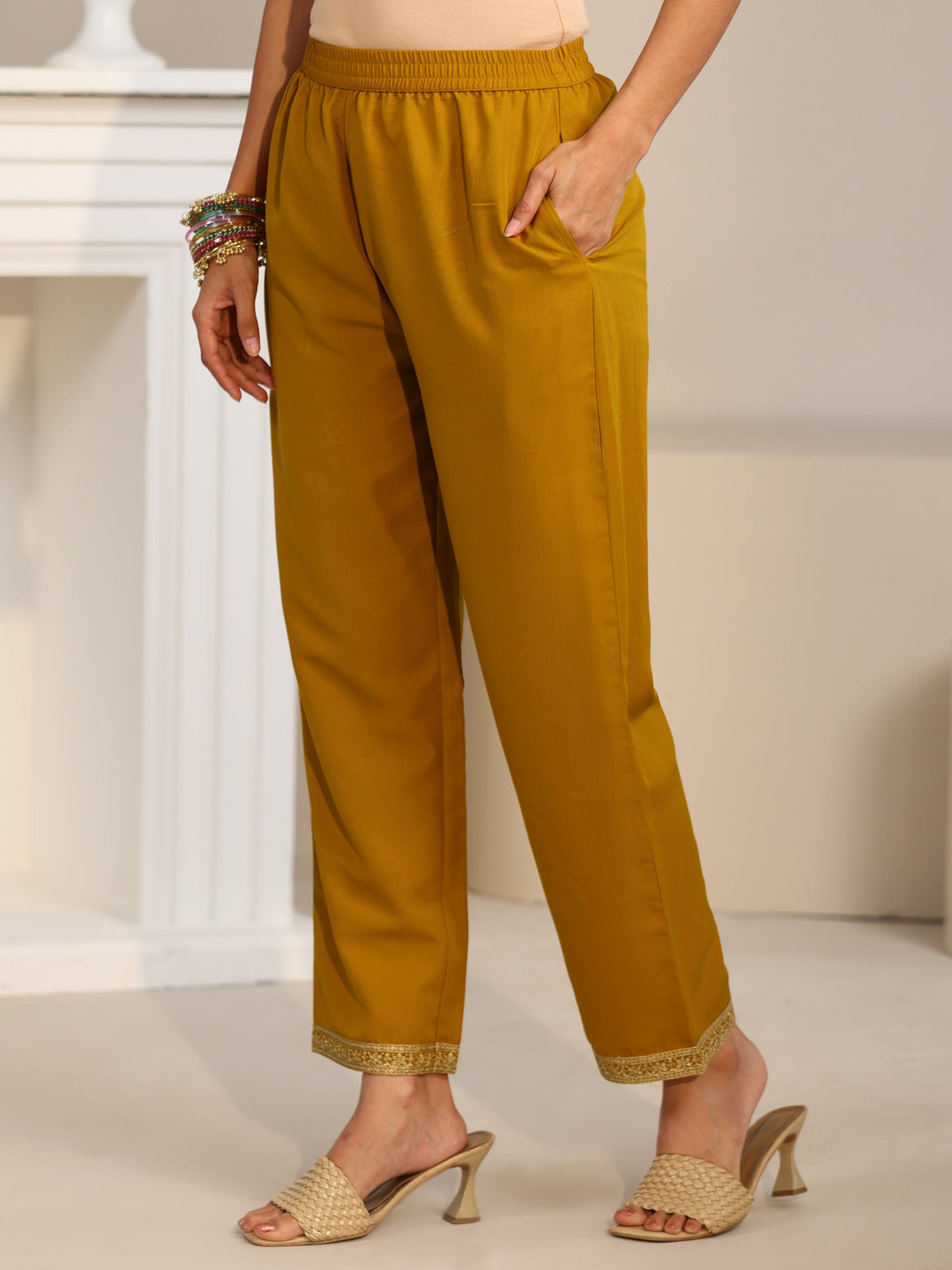Libas Mustard Floral Embellished Chinon Straight Suit Set