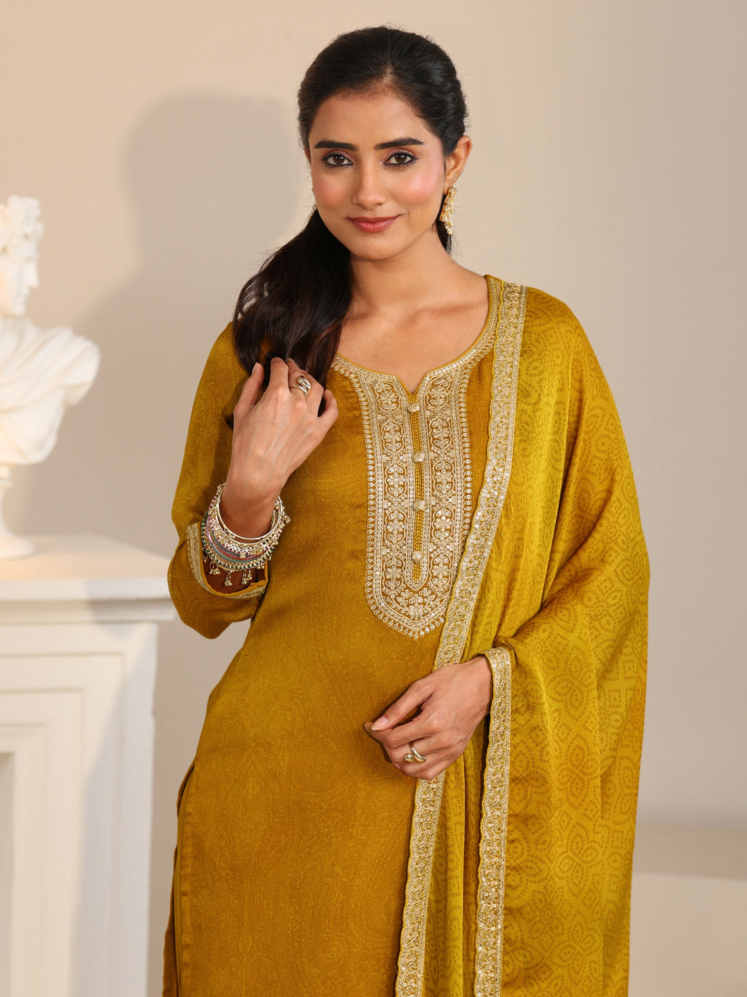 Libas Mustard Floral Embellished Chinon Straight Suit Set