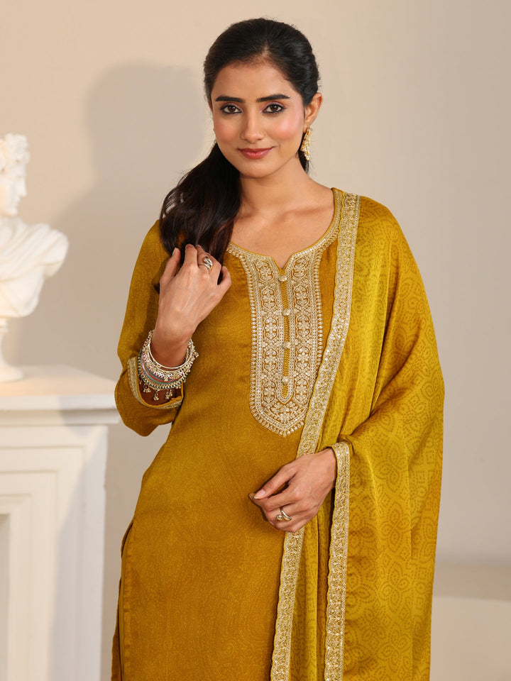 Libas Mustard Floral Embellished Chinon Straight Suit Set