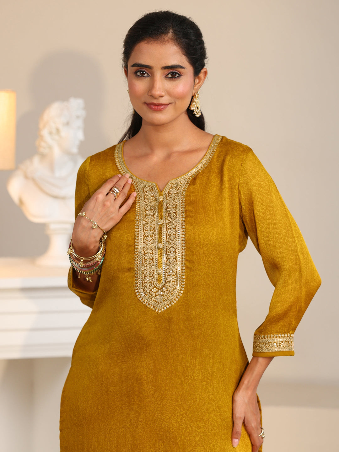Libas Mustard Floral Embellished Chinon Straight Suit Set