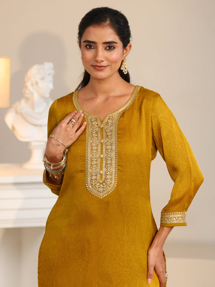 Libas Mustard Floral Embellished Chinon Straight Suit Set