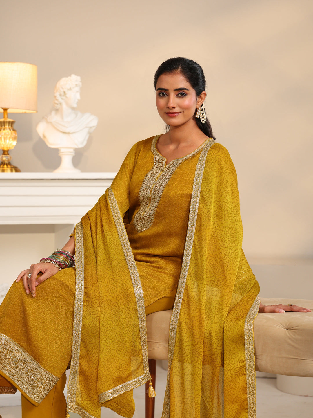 Libas Mustard Floral Embellished Chinon Straight Suit Set
