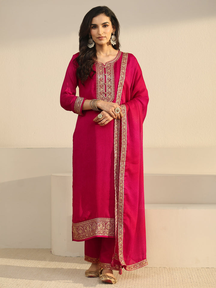 Libas Rani Pink Floral Embroidered Chinon Straight Suit Set