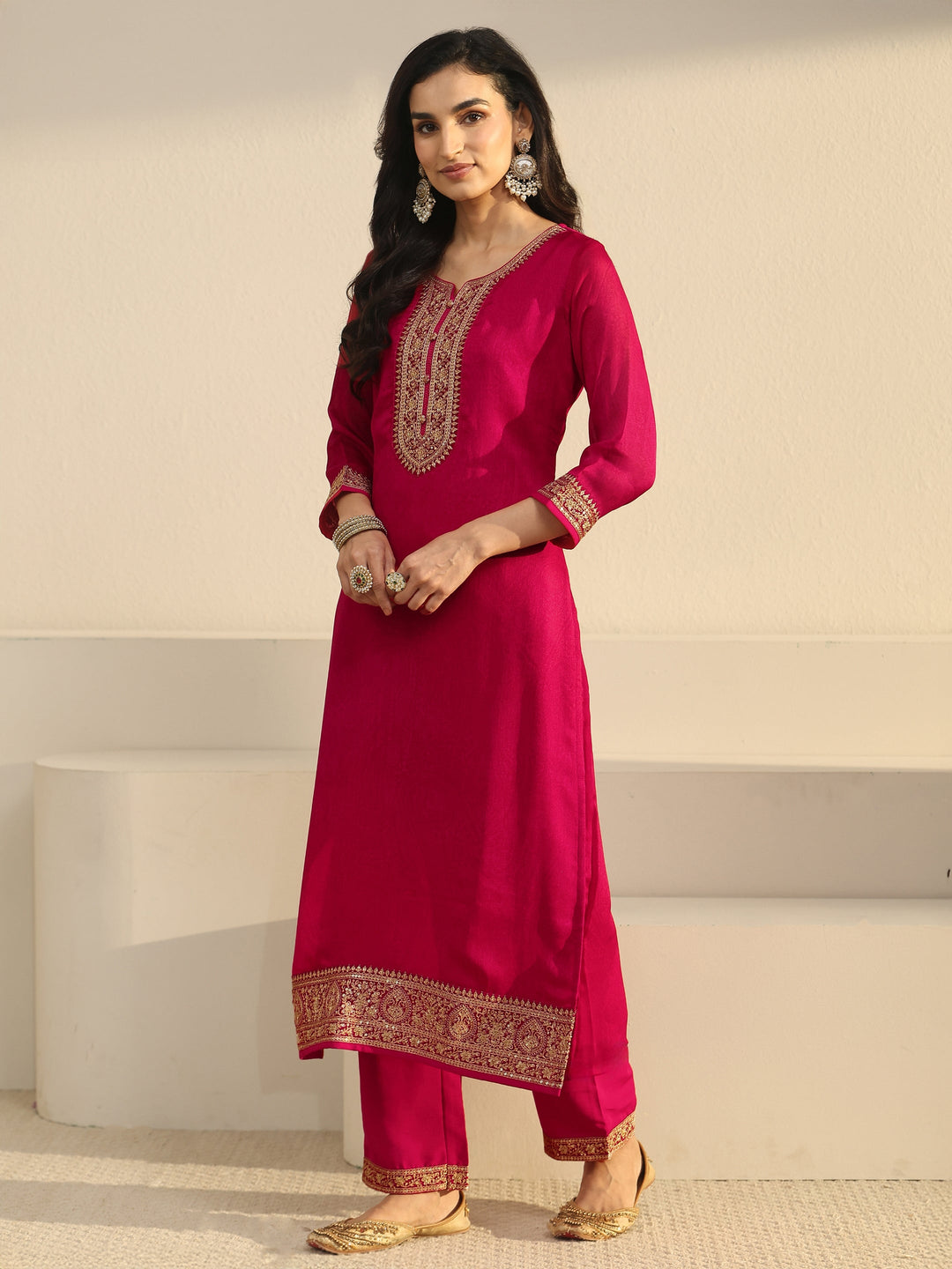 Libas Rani Pink Floral Embroidered Chinon Straight Suit Set