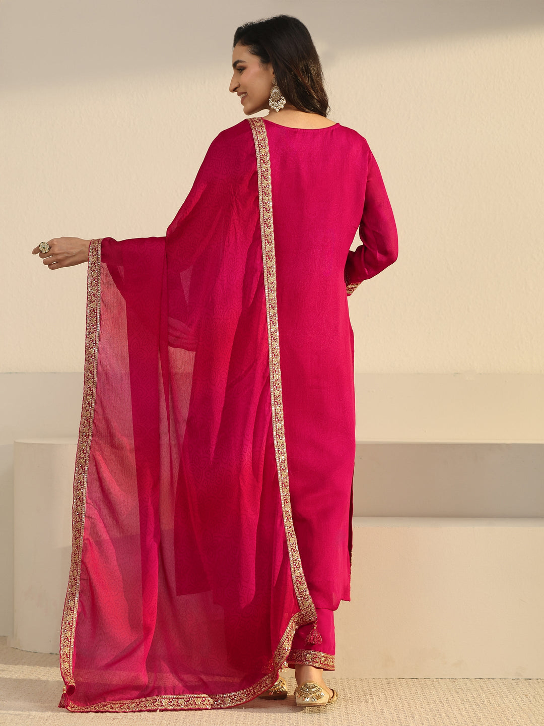 Libas Rani Pink Floral Embroidered Chinon Straight Suit Set