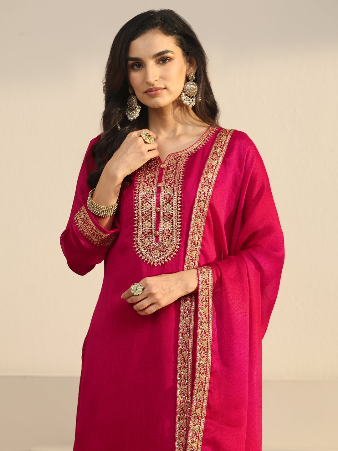 Libas Rani Pink Floral Embroidered Chinon Straight Suit Set