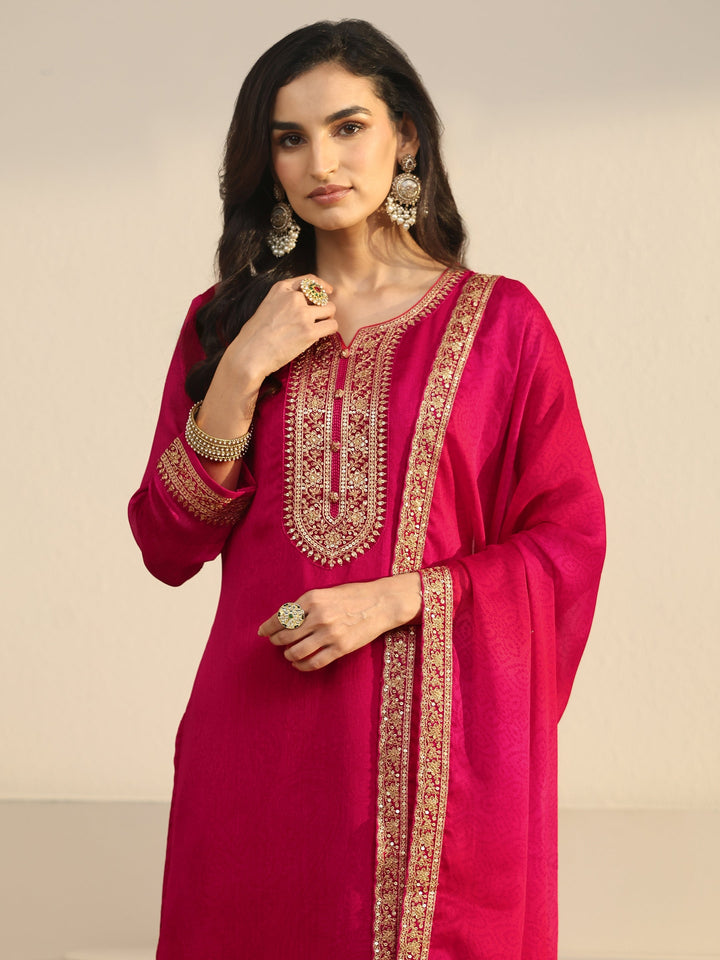 Libas Rani Pink Floral Embroidered Chinon Straight Suit Set