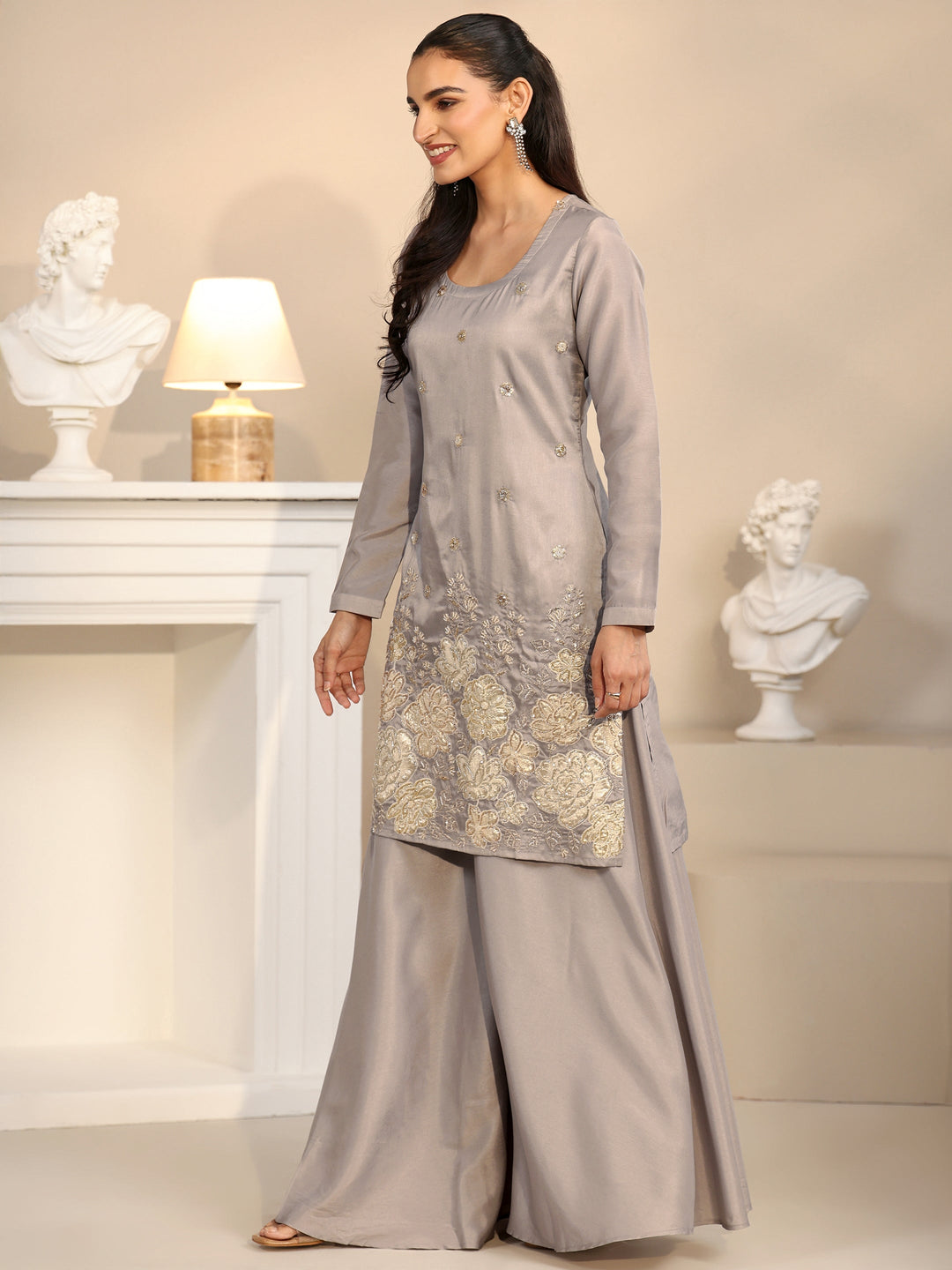 Libas Slate Grey Floral Embellished Silk Blend Palazzo Suit Set