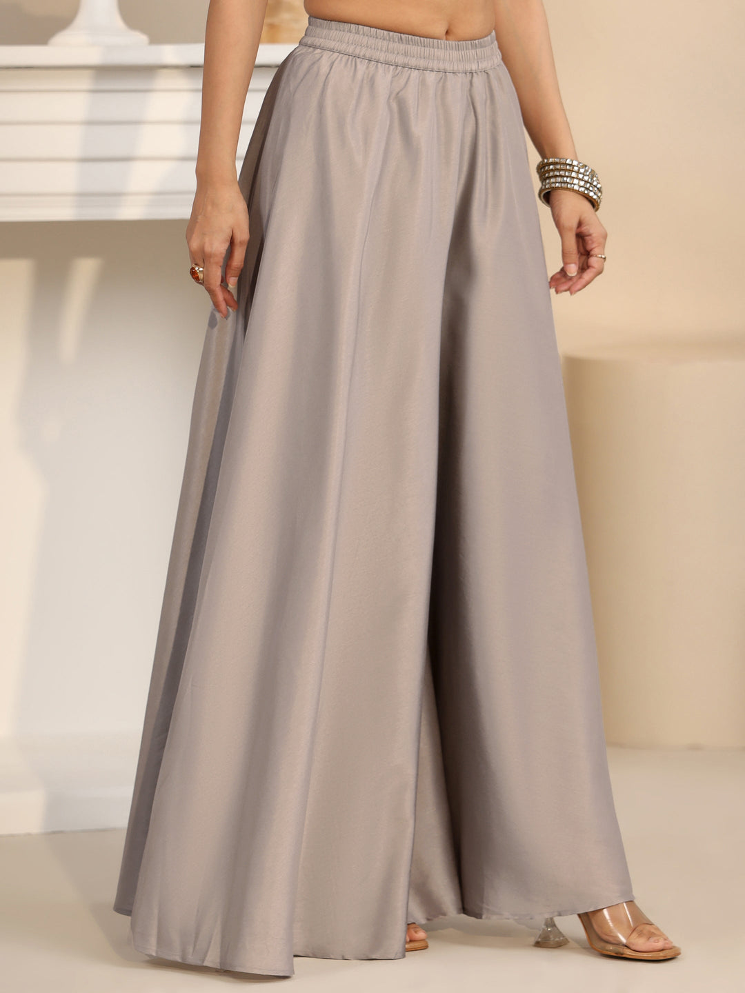 Libas Slate Grey Floral Embellished Silk Blend Palazzo Suit Set