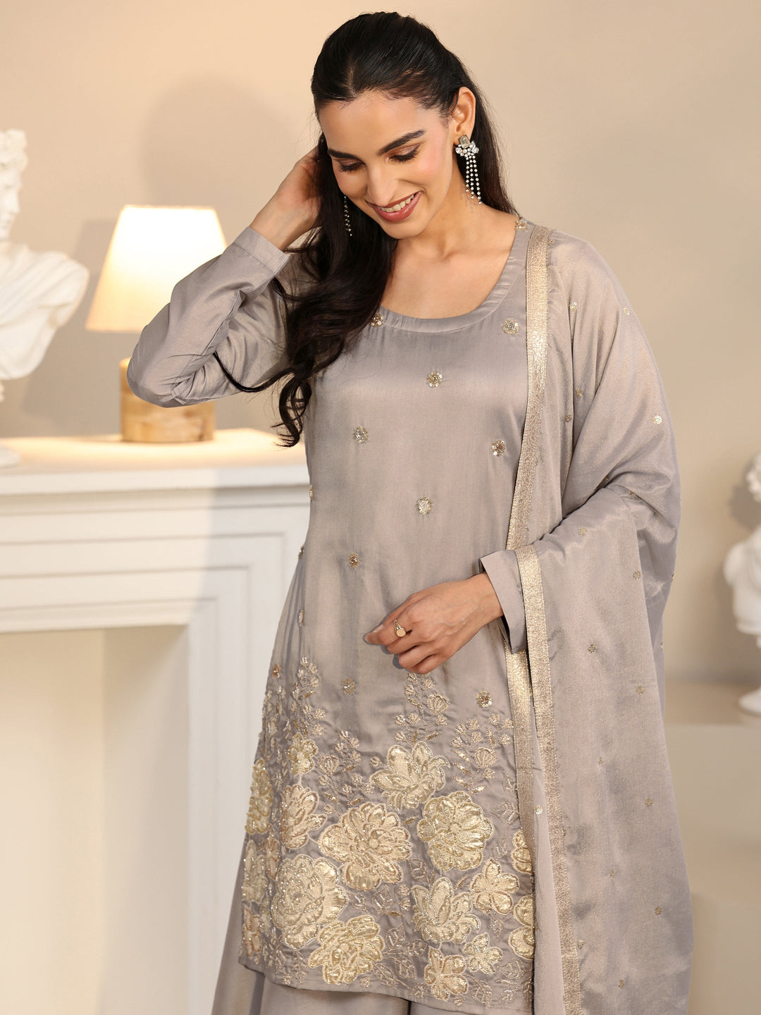 Libas Slate Grey Floral Embellished Silk Blend Palazzo Suit Set