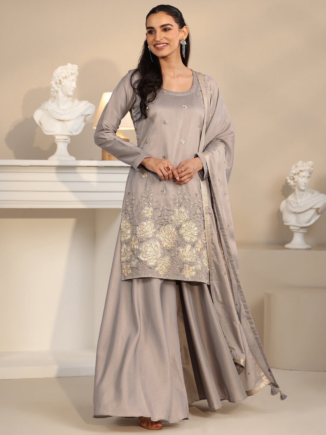 Libas Slate Grey Floral Embellished Silk Blend Palazzo Suit Set