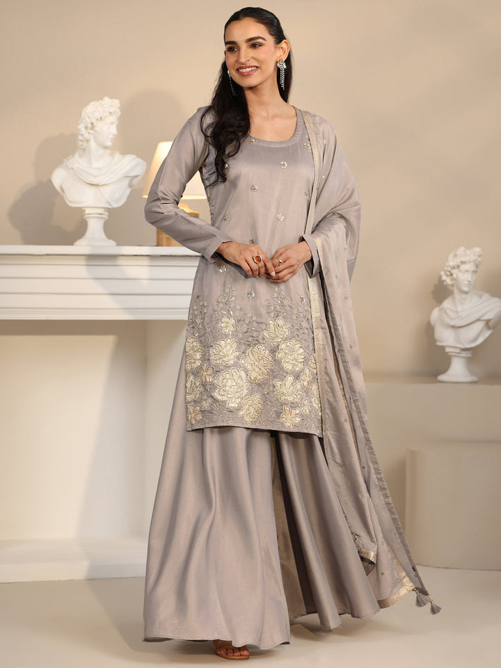 Libas Slate Grey Floral Embellished Silk Blend Palazzo Suit Set
