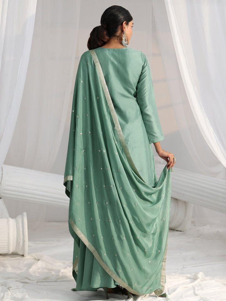 Libas Dusty Sea Green Floral Embellished Silk Blend Palazzo Suit Set