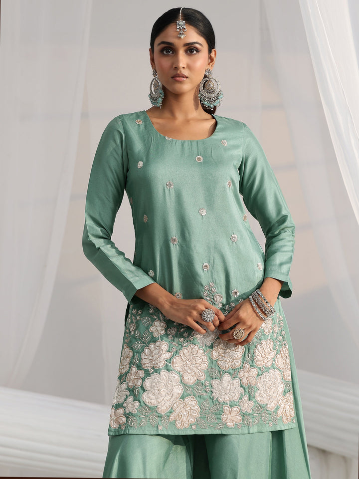 Libas Dusty Sea Green Floral Embellished Silk Blend Palazzo Suit Set