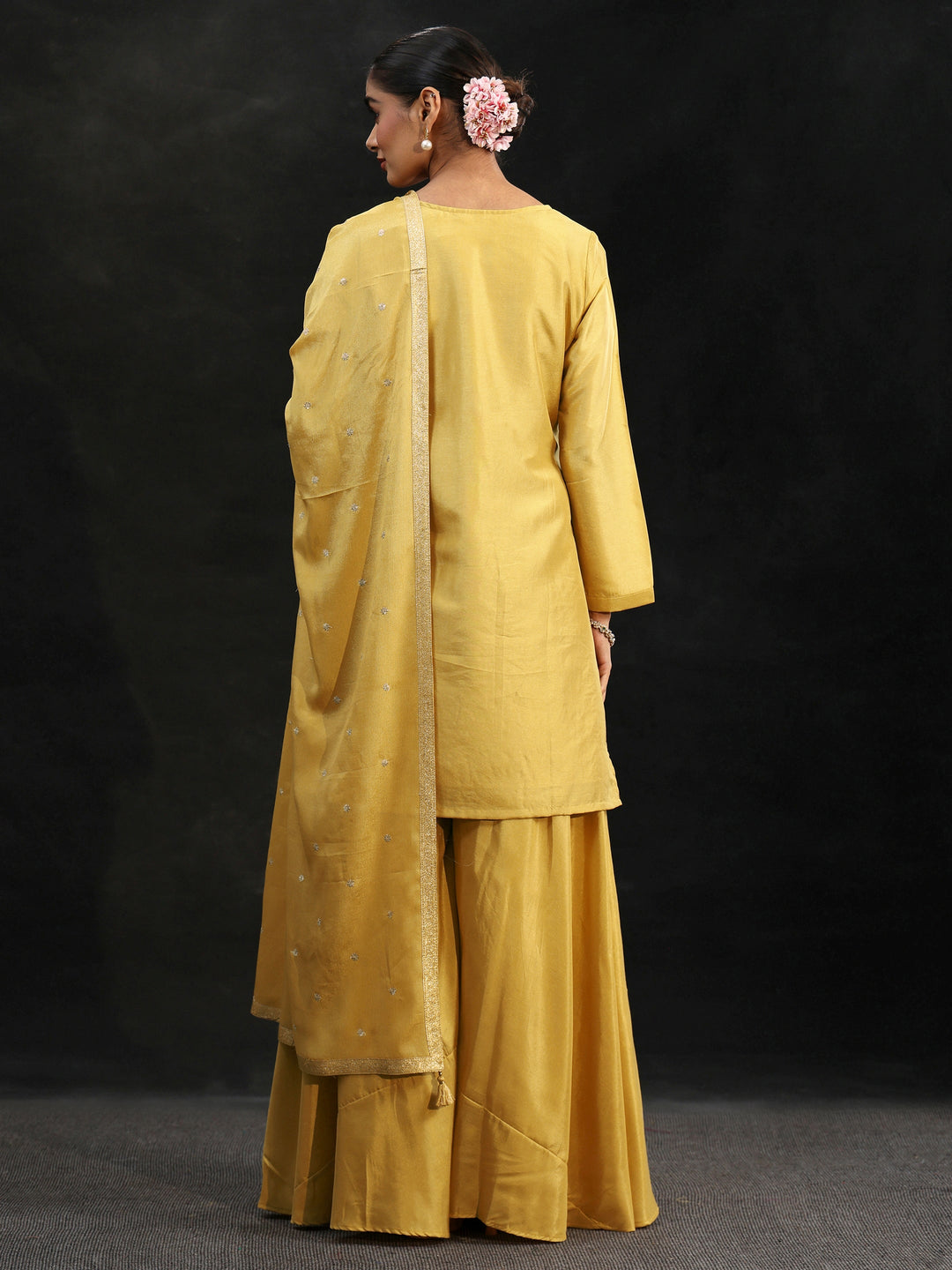 Libas Mustard Floral Embellished Silk Blend Palazzo Suit Set
