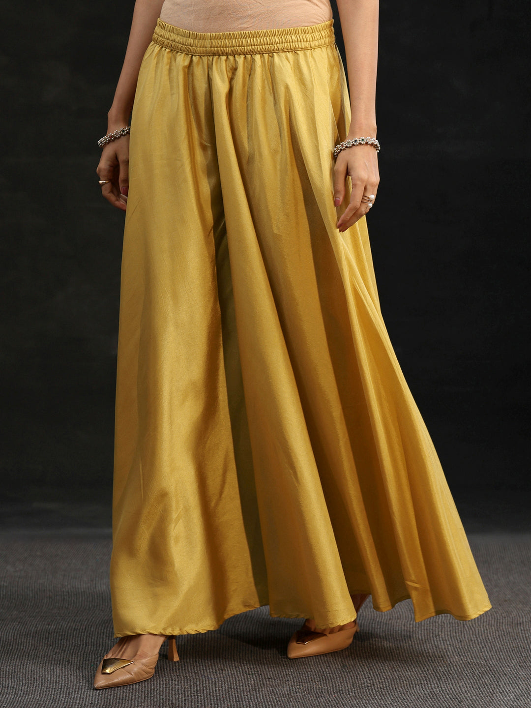 Libas Mustard Floral Embellished Silk Blend Palazzo Suit Set