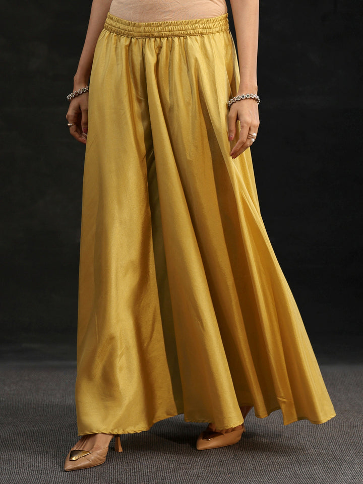 Libas Mustard Floral Embellished Silk Blend Palazzo Suit Set
