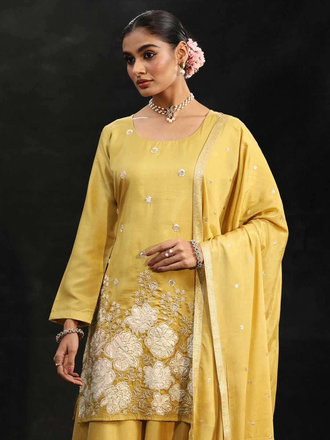 Libas Mustard Floral Embellished Silk Blend Palazzo Suit Set