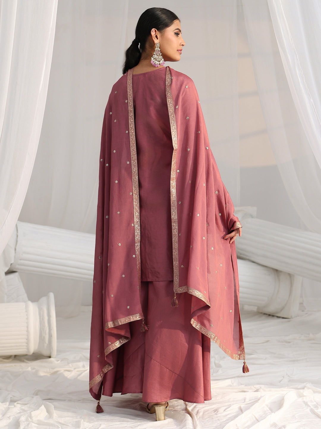 Libas Mauve Pink Floral Embellished Silk Blend Palazzo Suit Set