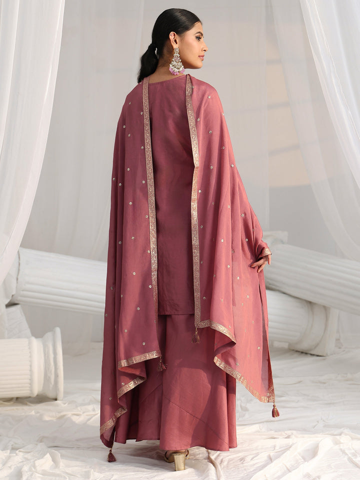 Libas Mauve Pink Floral Embellished Silk Blend Palazzo Suit Set