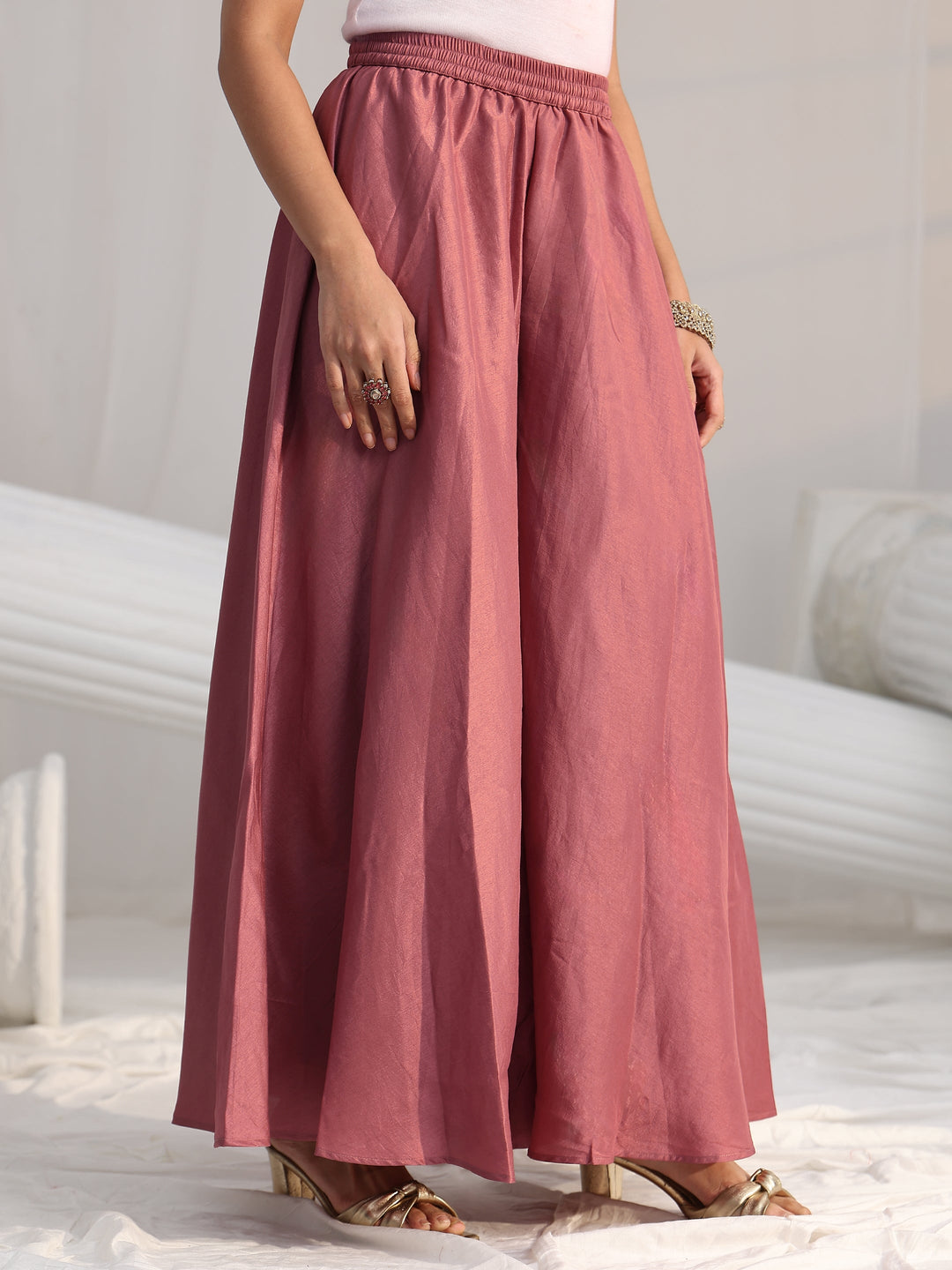 Libas Mauve Pink Floral Embellished Silk Blend Palazzo Suit Set