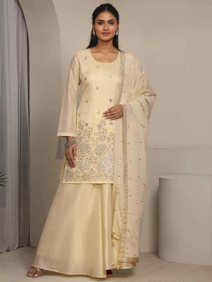Libas Cream Floral Embroidered Silk Blend Palazzo Suit Set