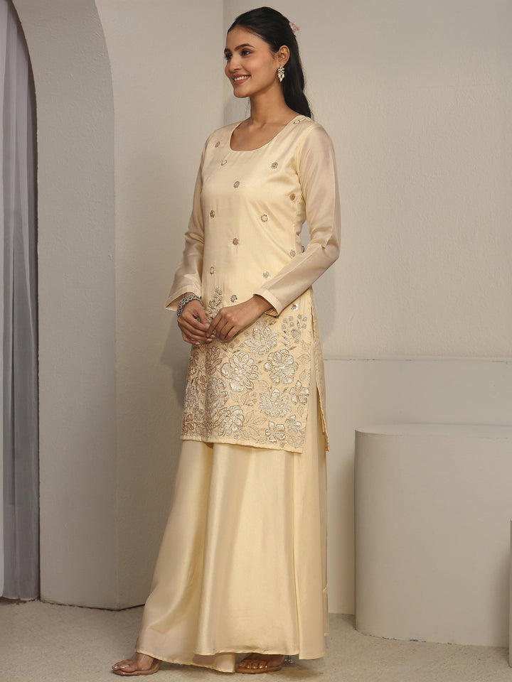Libas Cream Floral Embroidered Silk Blend Palazzo Suit Set