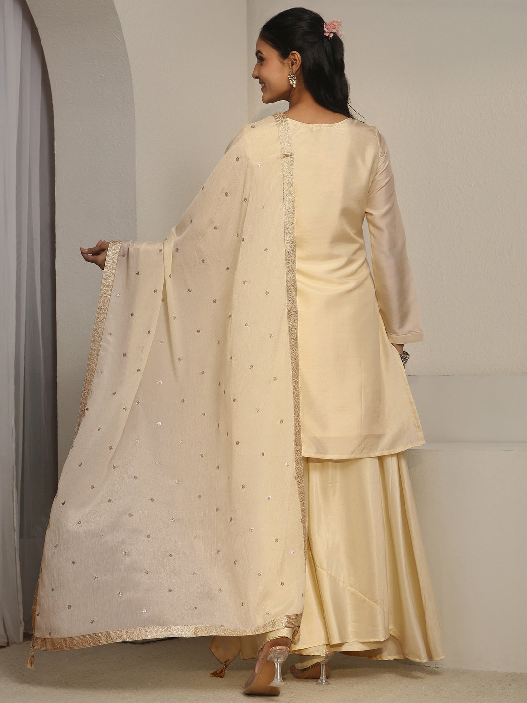 Libas Cream Floral Embroidered Silk Blend Palazzo Suit Set