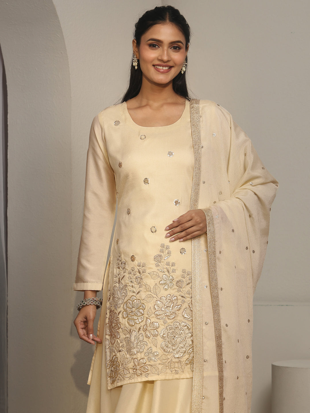 Libas Cream Floral Embroidered Silk Blend Palazzo Suit Set