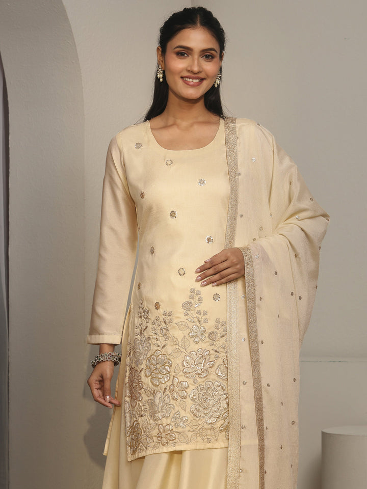 Libas Cream Floral Embroidered Silk Blend Palazzo Suit Set